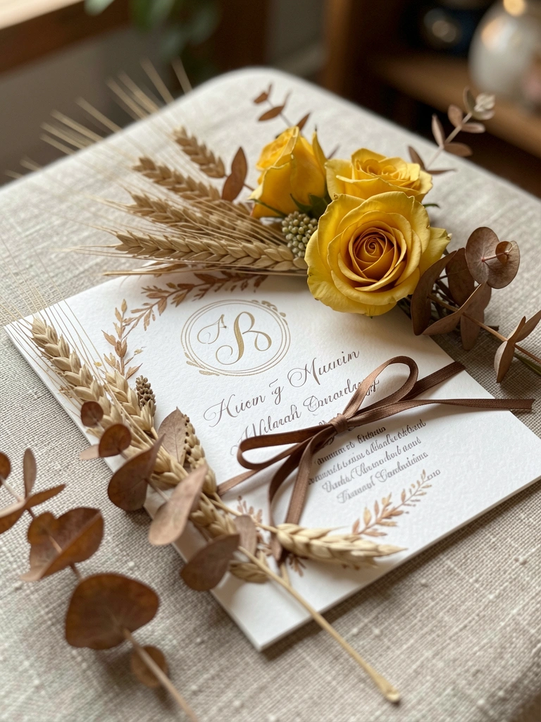 Detalhe de convite de casamento com letras cursivas e monograma circular, fitilho marrom, hastes de trigo, rosas amarelas e folhas de eucalipto sobre linho texturizado, luz natural difusa.
