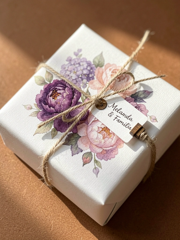 Caixa de presente branca texturizada com laço de barbante e florais em aquarela roxos e rosas, luz suave e fundo marrom.