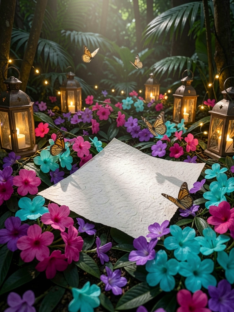Papel texturizado off-white entre flores vibrantes rosa, roxa e turquesa em chão de floresta escura, com luzes de fadas e lanternas, borboletas ao fundo.