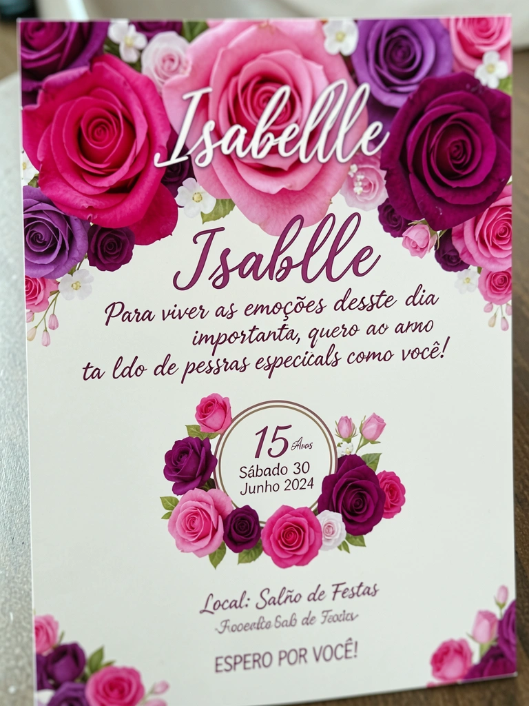 Convite digital com rosas vibrantes em rosa e roxo, texto manuscrito 