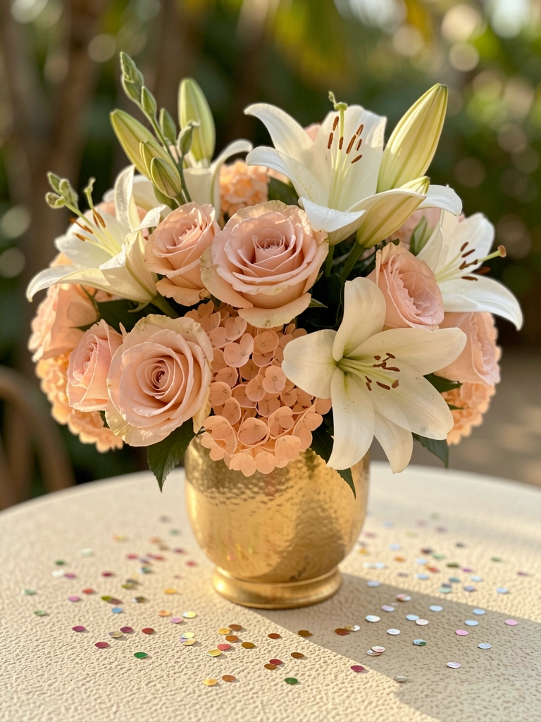 Arranjo floral com rosas blush, hortênsias pêssego e lírios brancos em vaso dourado sobre mesa creme, com confetes e bokeh ao fundo.