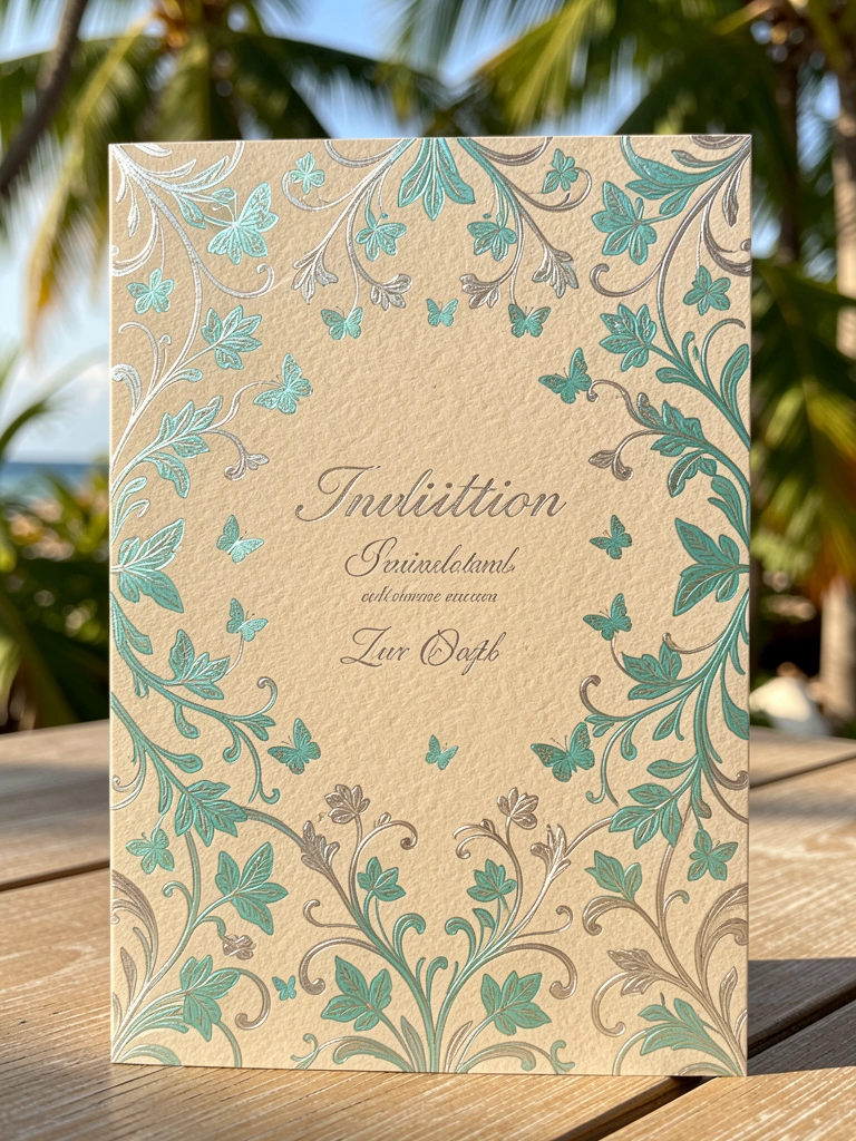 Convite bege com padrão de vinhas florais teal e prata, borboletas turquesa, textura de papel, luz natural tropical.