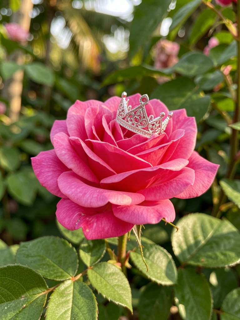 Rosa rosa vibrante com pétalas aveludadas, espinhos e uma pequena coroa de prata entre folhagens verdes, luz natural suave e fundo desfocado de jardim.