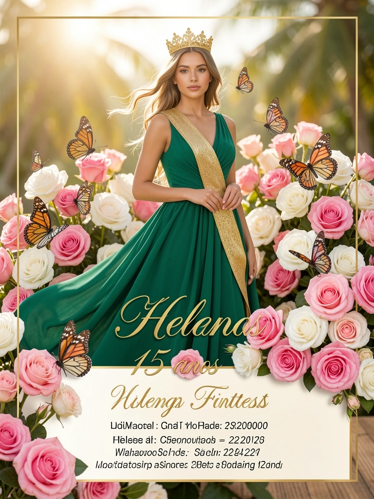 Vestido verde-esmeralda com faixa dourada e coroa, entre rosas e borboletas, luz natural suave.
