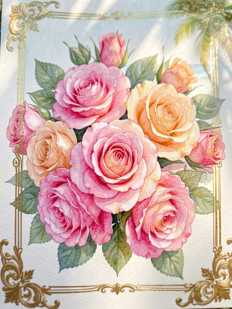 Buquê de rosas rosa e pêssego pintado em aquarela, com moldura dourada e luz solar filtrada ao fundo.