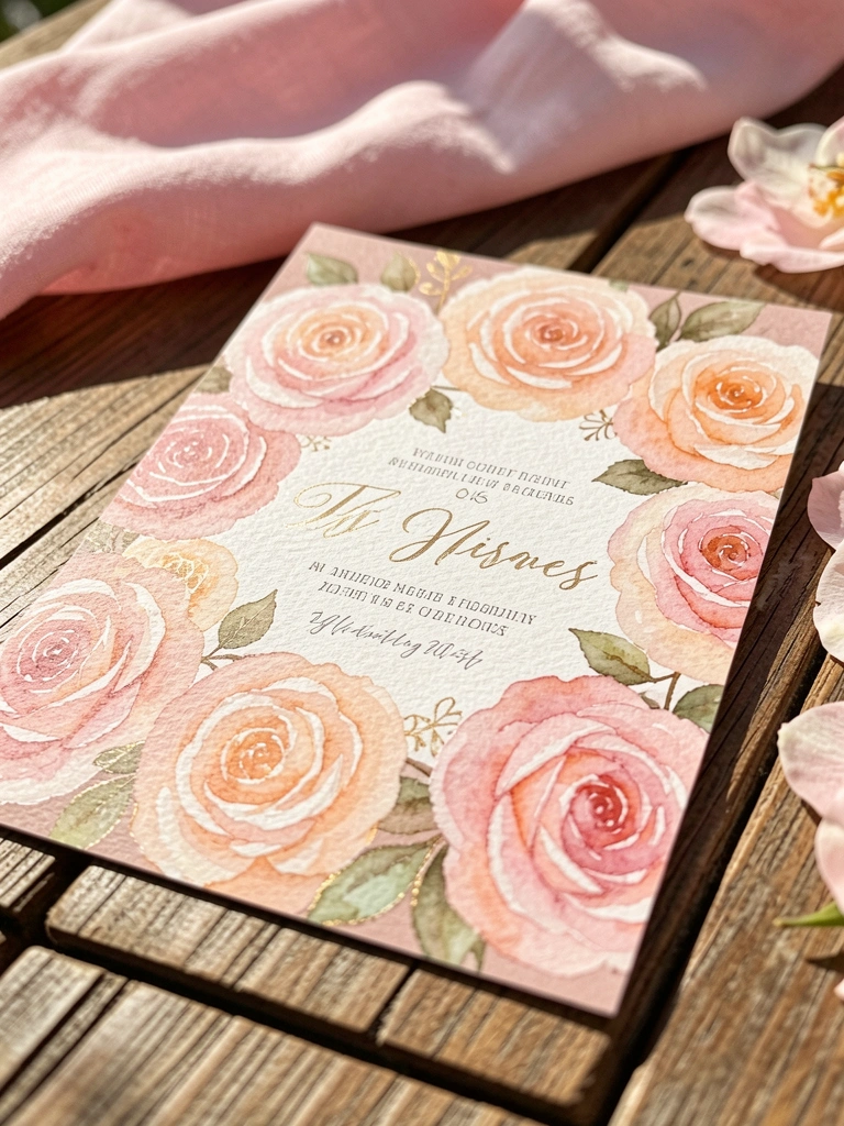 Convite floral com rosas aquareladas em blush e pêssego, detalhes dourados e papel texturizado sobre mesa rústica de madeira com pano rosa ao fundo, luz natural.
