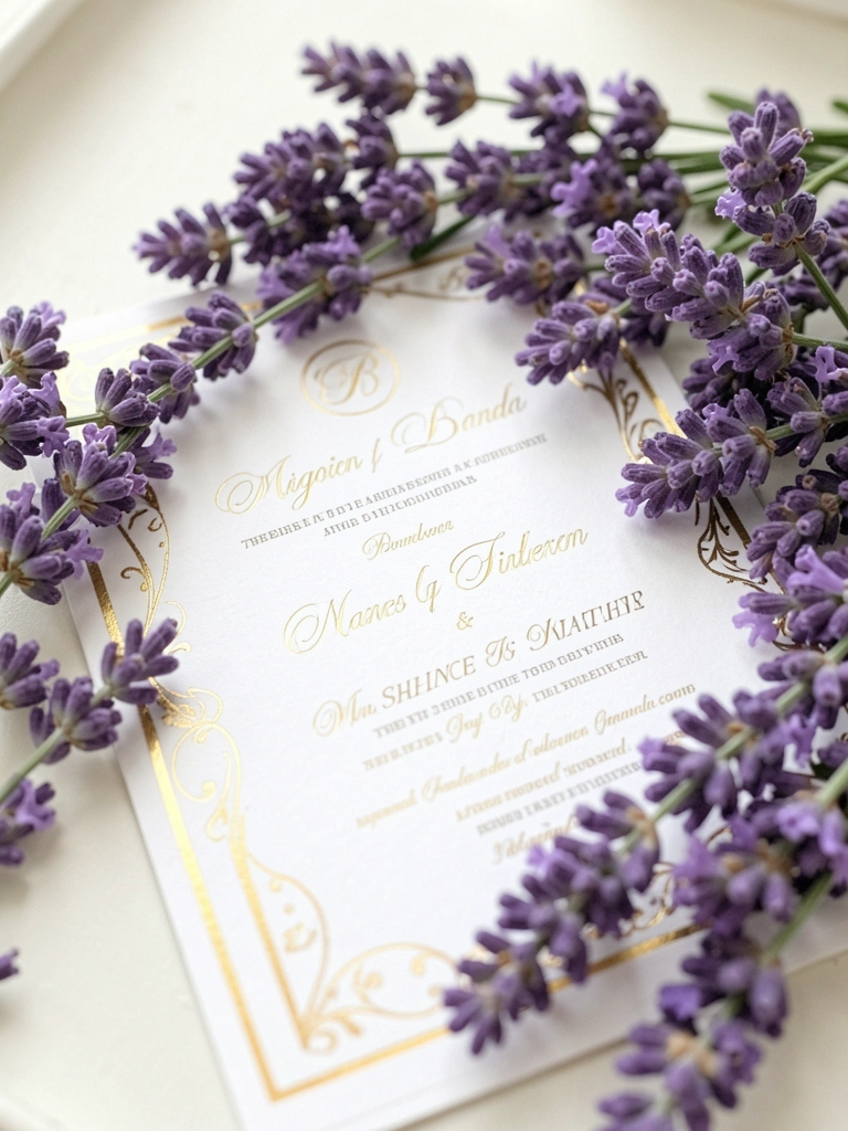 Convite branco com borda dourada, ramo de lavanda roxa saindo pelas bordas, escrita cursiva e monograma circular, luz suave e difusa sobre superfície off-white desfocada.