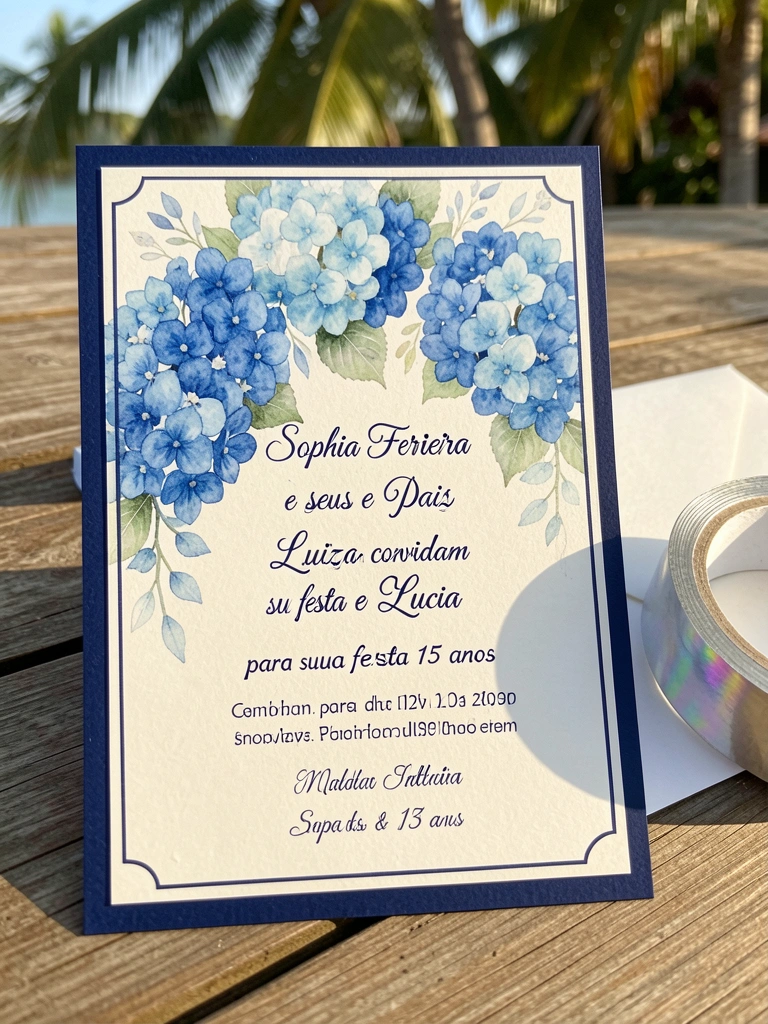 Convite azul e branco com borda marinho e fundo creme, hortênsias azuis em aquarela, envelope prateado e fita iridescente, luz natural do dia.