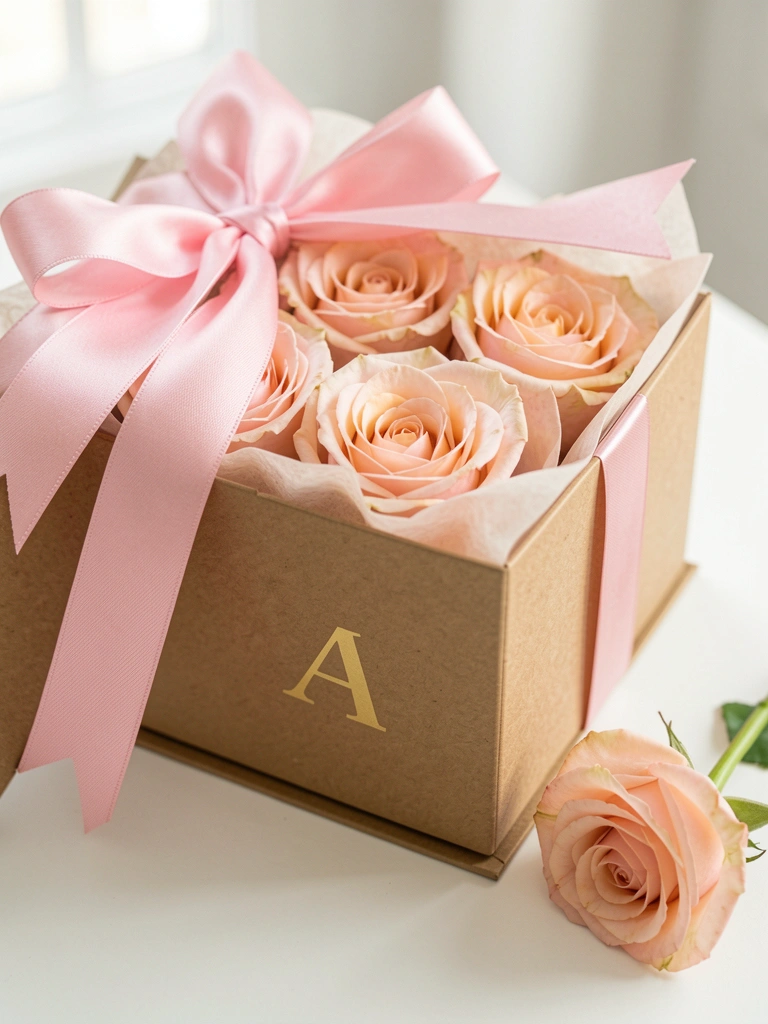Caixa de papel craft com laço de cetim rosa e monograma 