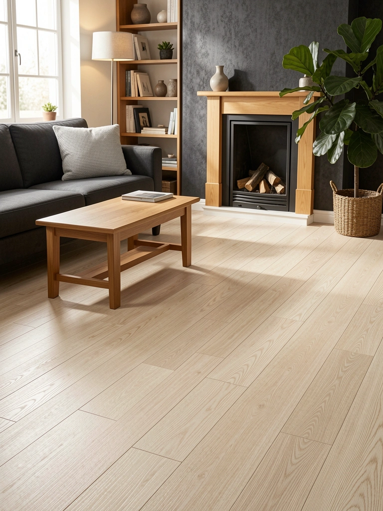 Piso vinílico bege claro com textura de madeira em sala, sofá cinza escuro, poltrona com almofada cinza, mesa de centro de madeira, estante, lareira, vaso de planta em cesto e luminária, luz natural entrando pela janela.