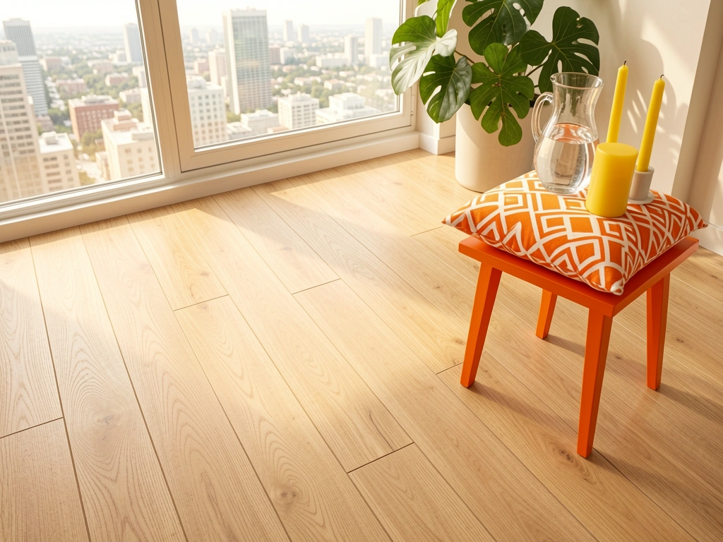 Piso vinílico claro com textura de madeira, mesa laranja com almofada geométrica, jarro de vidro e velas amarelas, planta verde ao fundo com vista da cidade.