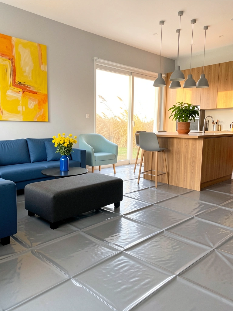 Piso vinílico cinza com costuras aparentes, sofá azul, mesa preta redonda com vaso azul e flores amarelas, luz natural.