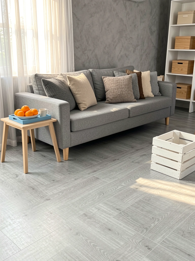 Piso vinílico cinza claro com textura de madeira, sofá cinza com almofadas, bandeja azul com laranjas sobre mesa lateral clara, luz natural de janela.