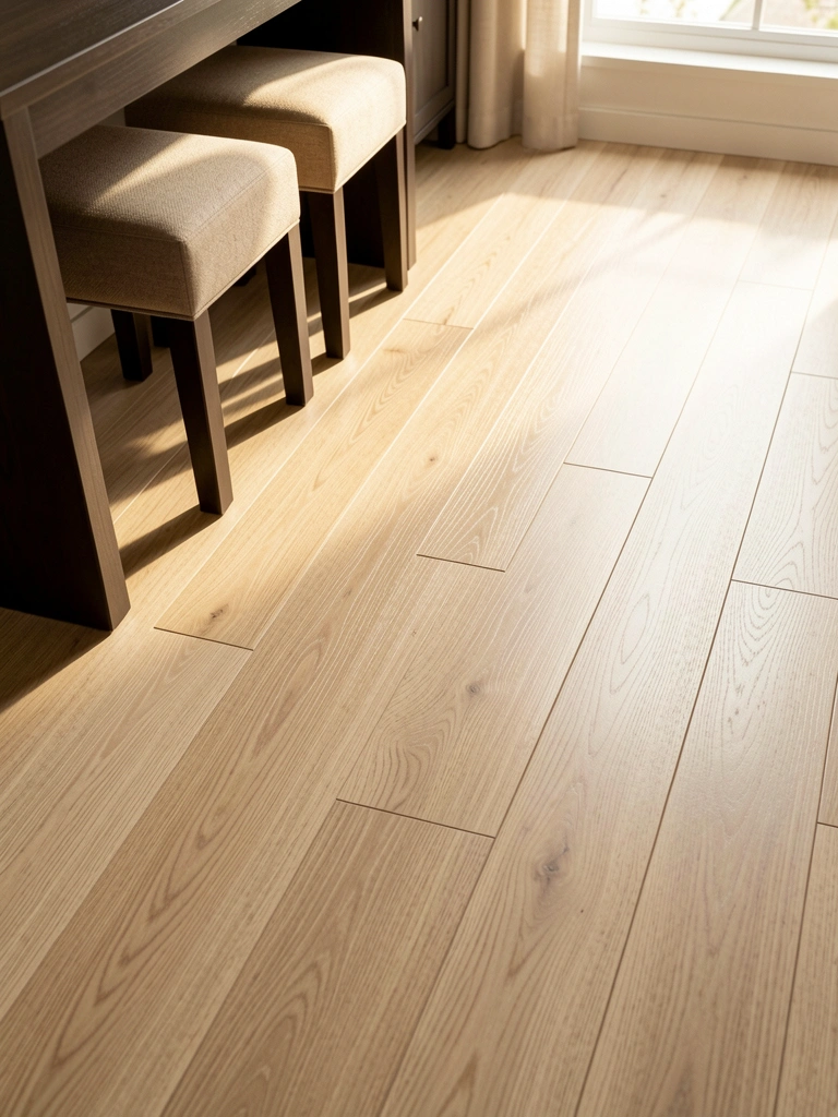 Tábuas de piso de madeira clara com variações sutis de tom e veios, luz solar difusa projetando sombras suaves, mesa escura e banquetas estofadas bege à esquerda.
