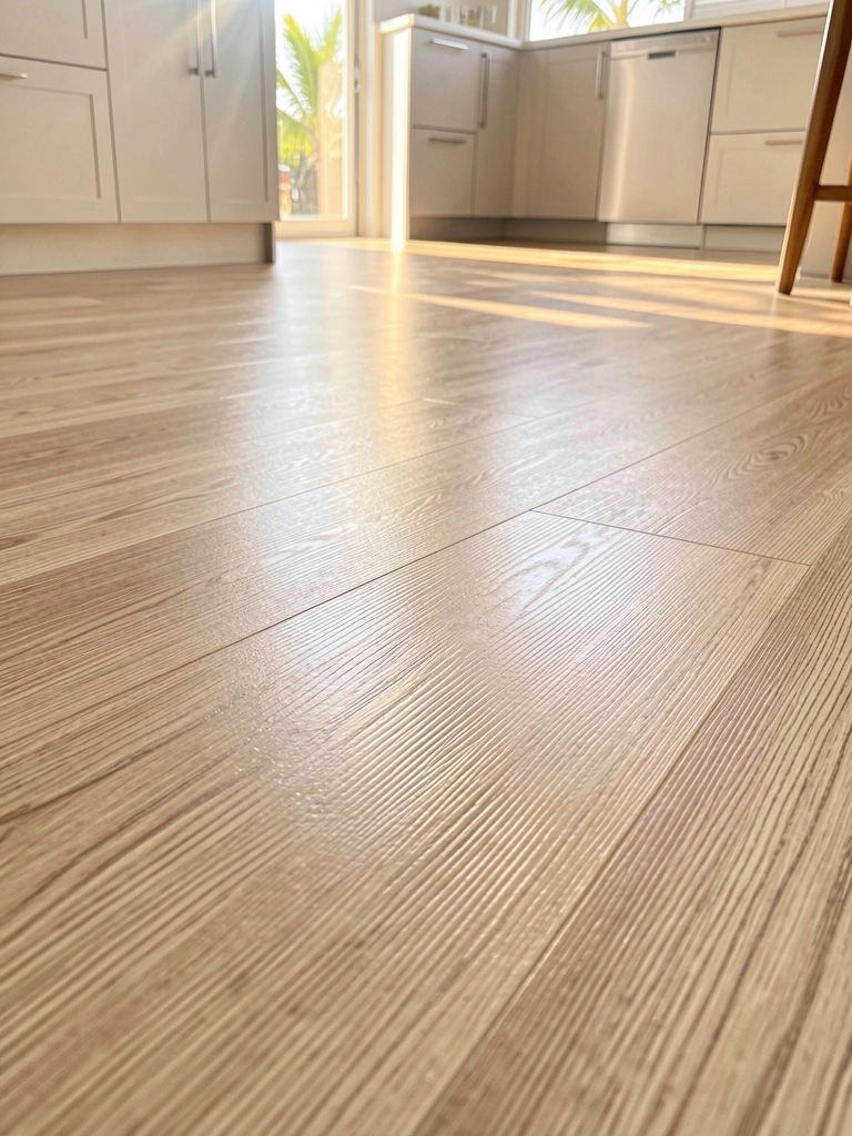Piso vinílico claro com textura de madeira e reflexos da luz natural, balcão branco ao fundo e vegetação tropical sutil.