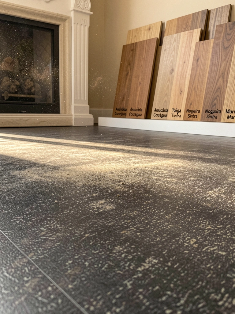 Partículas de poeira iluminadas por luz natural dançam sobre piso vinílico escuro, com lareira decorativa e amostras de madeira em prateleira branca.