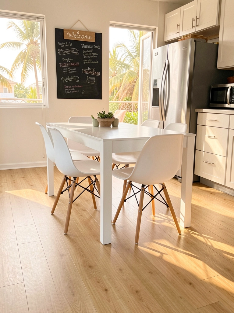 Mesa de jantar branca com cadeiras Eames em cozinha com piso vinílico claro, luz natural refletindo no chão e lousa preta com recados ao fundo.