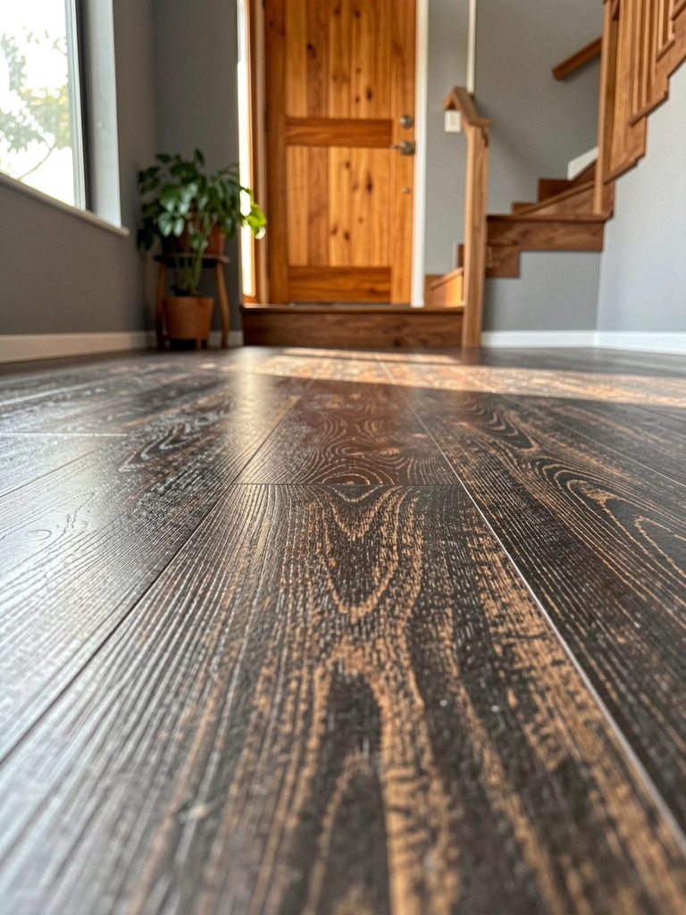 Piso vinílico jacarandá escuro com textura de madeira, porta de madeira e escada ao fundo, vaso com folhagem verde sob luz natural.