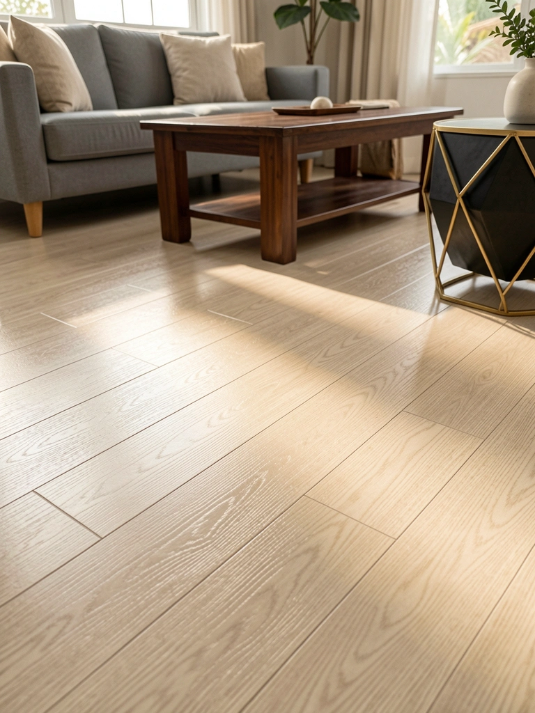 Piso vinílico bege claro com textura de madeira, sofá cinza e mesa de centro escura sob luz natural que cria sombras suaves.