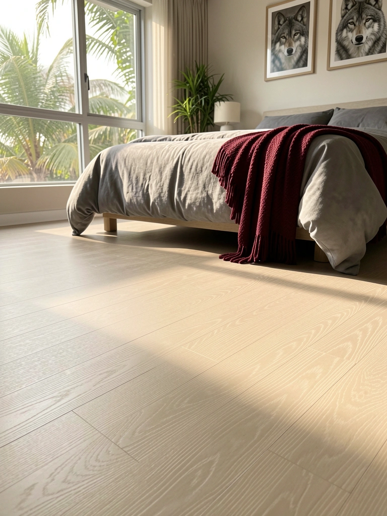 Piso vinílico bege claro com textura de madeira, luz natural entrando pela janela, coberta cinza e manta vinho na cama ao fundo.