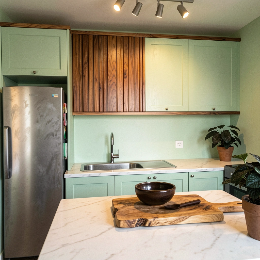 Cozinha com armários verde menta e bancada de madeira clara