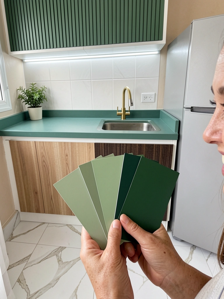 Mãos segurando amostras de tinta verde sob luz natural