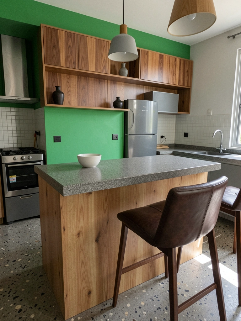 Armário de cozinha verde vibrante com portas de madeira freijó