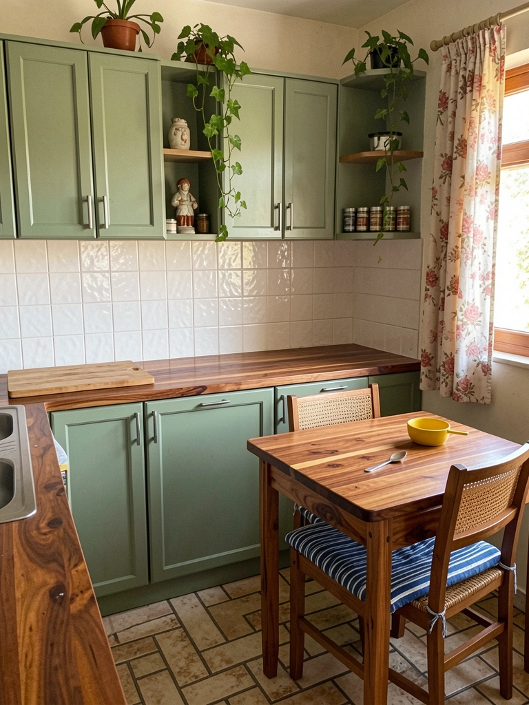Cozinha com armários verde-sálvia e bancada de madeira clara, sob luz natural