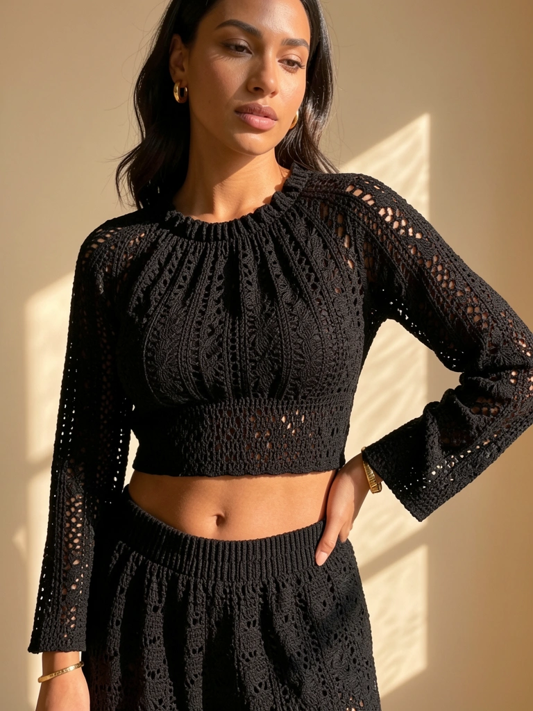 Mulher com top cropped de crochê preto e calça wide-leg, mão no quadril, brincos de argola dourados e pulseira delicada, luz natural suave em fundo bege.