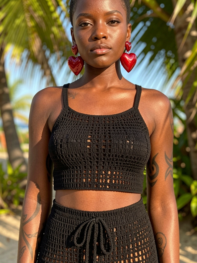 Jovem negra com brincos vermelhos de coração e crochê preto rendado, luz tropical criando sombras suaves.