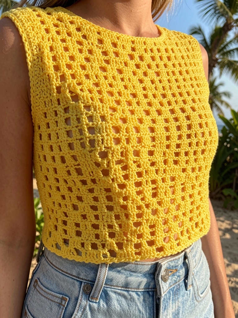 Cropped amarelo de crochê com padrão aberto sobre jeans claro, luz natural e fundo com folhagens ao ar livre.