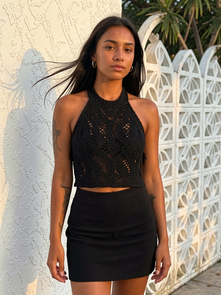 Jovem de cabelo escuro e pele bronzeada usando top crochê preto e saia curta, brincos de argola e tatuagens nos braços, parede texturizada branca e arco padronizado ao fundo, luz natural do dia.