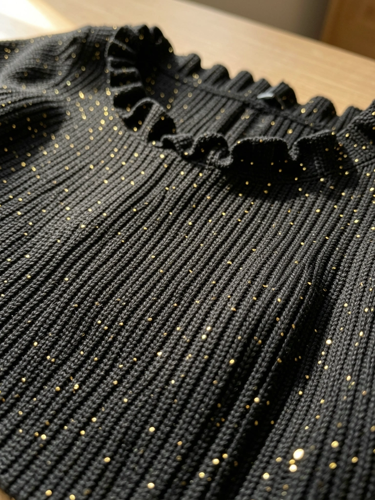 Blusa cropped preta com brilho dourado e gola franzida, textura de tricô canelado sob luz natural suave.