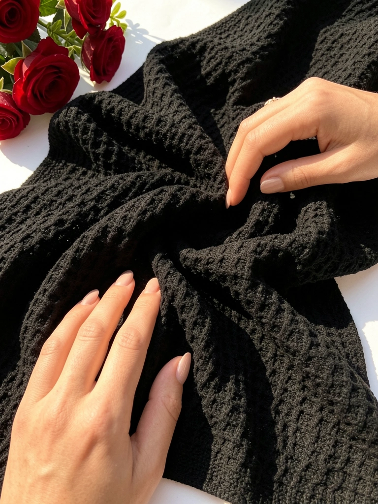 Close-up de tecido preto texturizado dobrado sobre superfície branca, mãos com unhas feitas ajustando as dobras, buquê de rosas vermelhas no canto superior esquerdo, luz natural destacando a trama.