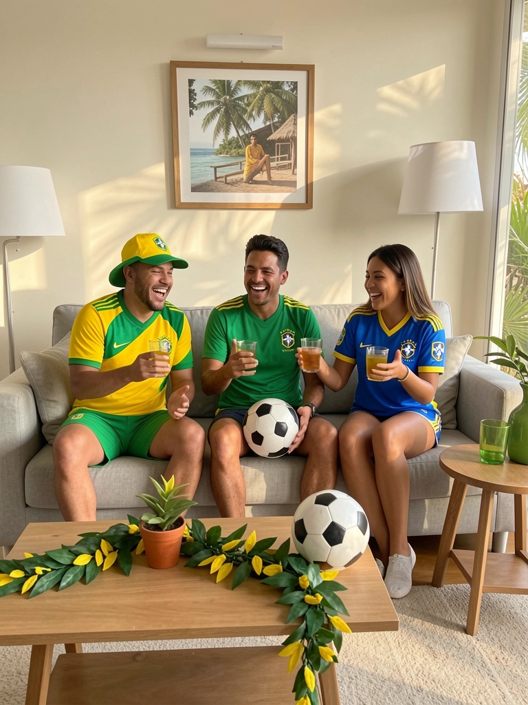 Quatro pessoas em sofá cinza claro, uma com camisa amarela, outra verde, uma azul e uma com camisa amarela e verde do Brasil, segurando bebidas e bola, rindo. Mesa com guirlanda verde e amarela e vaso de planta. Luminária branca e mesa lateral com vaso verde ao fundo. Luz natural do dia.