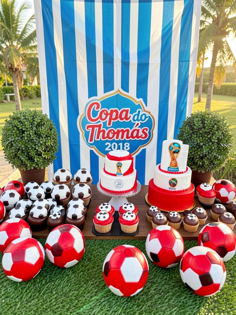 Mesa com bolos e doces temáticos de futebol, bolas vermelhas e brancas espalhadas em grama sintética, fundo listrado azul e branco com banner 