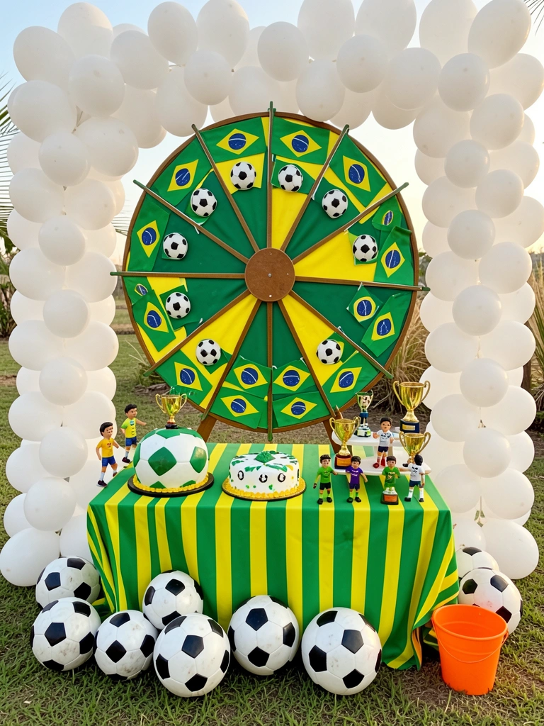 Roleta decorativa com bandeirinhas do Brasil e bolas de futebol, bolas espalhadas na base, bolo em forma de bola sobre mesa listrada verde e amarela, colunas de balões brancas ao fundo, luz natural.