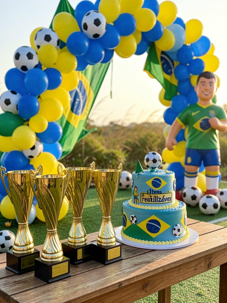Arco de balões azuis e amarelos com bola de futebol e bandeira do Brasil, bolo decorado com tema futebolístico, troféus sobre grama sintética e luz natural.