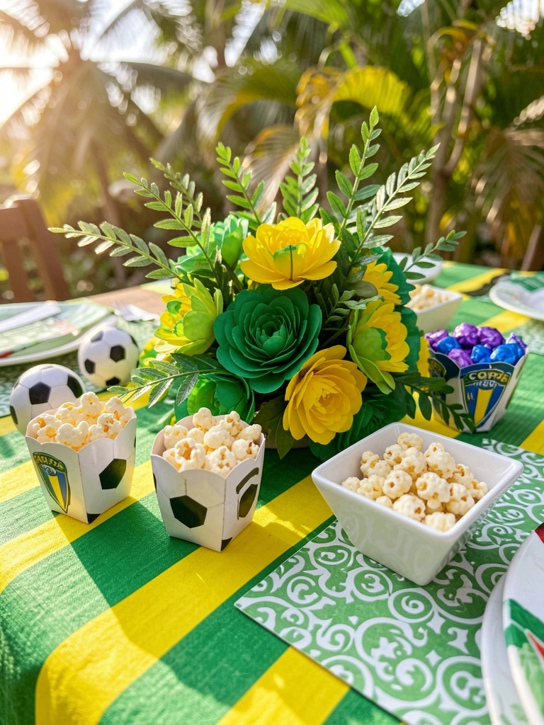 Mesa posta com toalha listrada verde e amarela, miniaturas de bola de futebol e potes de pipoca, arranjo de flores de papel verde e amarelo, luz natural de dia.