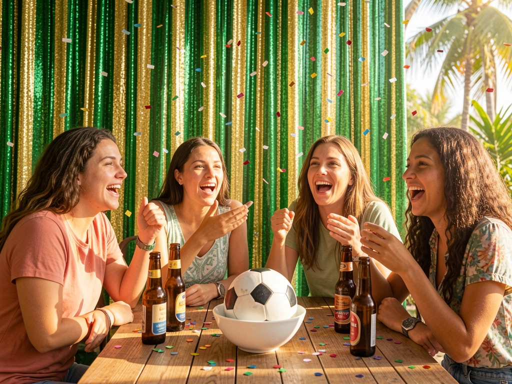 Quatro amigos animados assistem a um jogo de futebol, bola branca em uma tigela, garrafas de cerveja na mesa de madeira, cortinas verdes e douradas com confetes ao fundo, luz natural do dia.