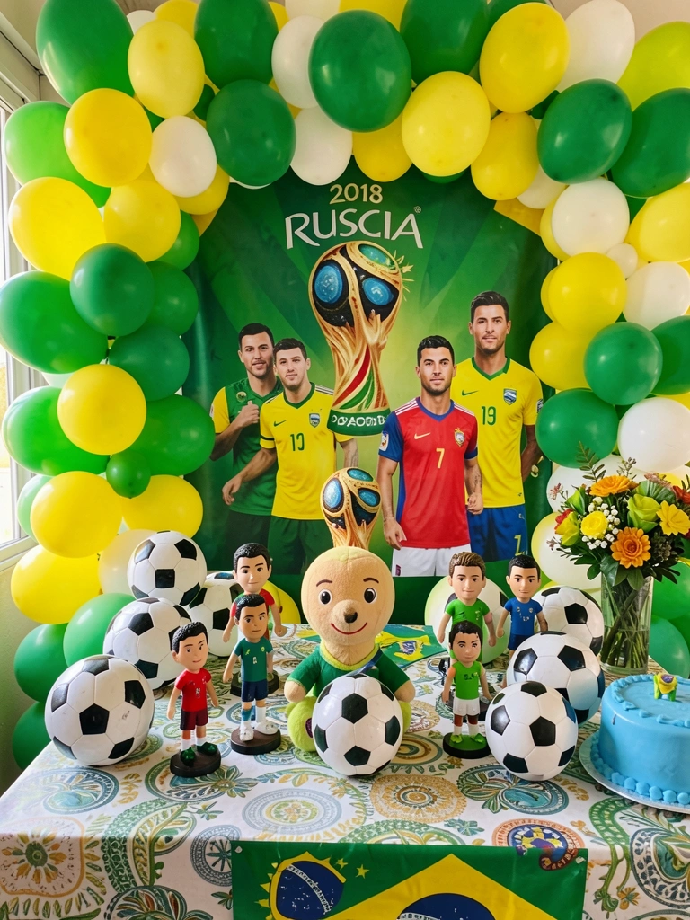 Balões verde, amarelo e branco em arco sobre mesa com bolas de futebol e miniaturas de jogadores, luz natural do dia.