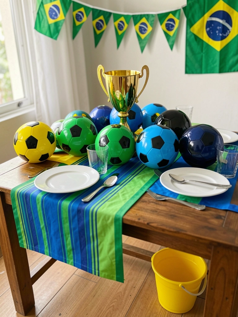 Mesa de madeira com toalhas listradas azuis e verdes, pratos brancos, talheres e copos; bolas de futebol amarelas, verdes, azuis e pretas; um troféu dourado ao centro; bandeirolas do Brasil ao fundo; luz natural suave.