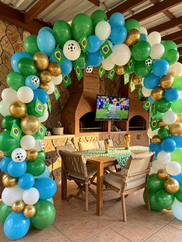 Arco de balões verde, azul, branco e dourado com bandeiras e bolas de futebol sobre pátio com forno de pizza rústico e mesa com toalha verde e branca.