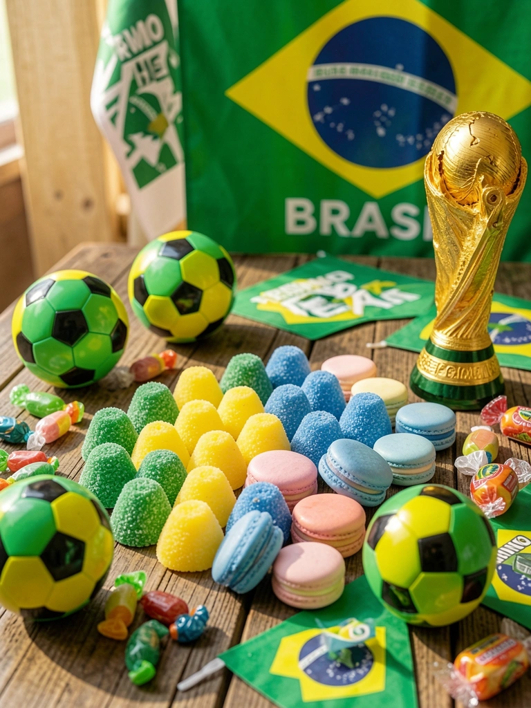 Brigadeiros verdes, amarelos e azuis com macarons e bolas de futebol decorativas em mesa rústica de madeira, luz natural incide sobre banner 