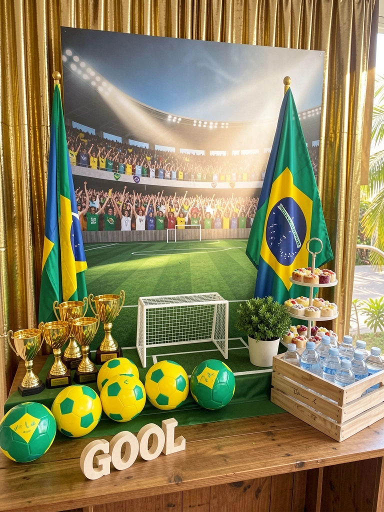 Mesa de madeira com fundo de estádio, troféus dourados, bolas verde e amarela, bandeira do Brasil, doces em bandejas e letreiro 