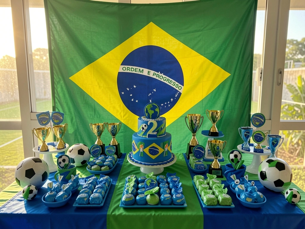 Bandeira do Brasil com número 2 e campo de futebol ao fundo, mesa com doces azuis e verdes, troféus e bola de futebol em destaque.