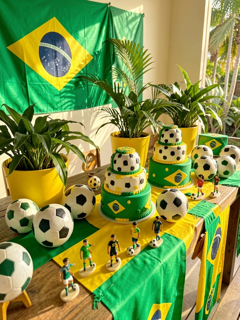 Mesa de madeira com toalha verde e amarela, bolas de futebol, bolo decorado e bandeira do Brasil na parede, iluminação natural.