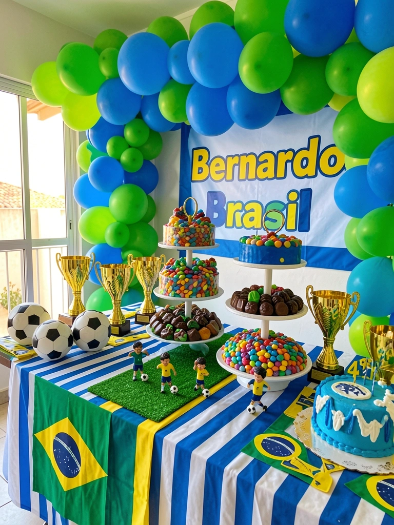 Mesa de festa com bolas de futebol, troféus dourados e bandeirinhas do Brasil, sob balões verdes e azuis, luz natural do dia.
