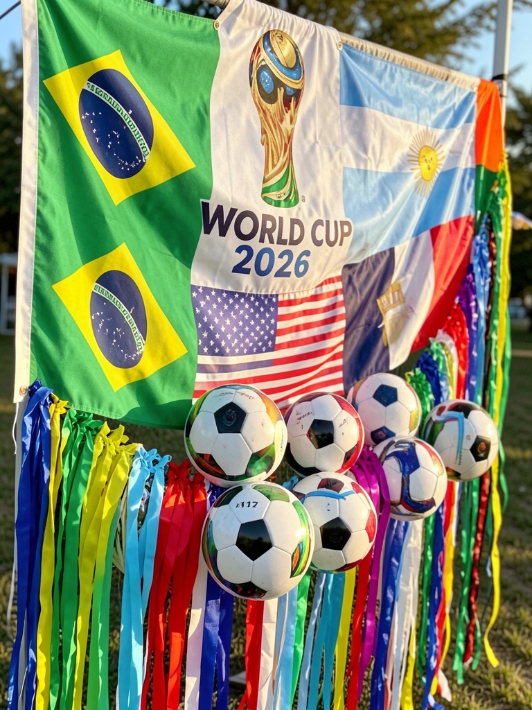 Banner da Copa do Mundo 2026 com bandeiras do Brasil, Argentina, EUA e França, bolas de futebol e serpentina colorida, luz natural.