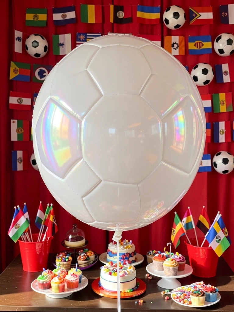 Balão iridescente de futebol reflete bandeiras e doces sobre mesa escura, cortina vermelha ao fundo.